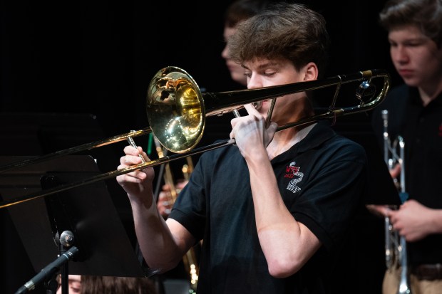 Washington Township High School Senator Jazz member Mason Formenti performs a solo as part of the Valparaiso University Jazz Festival on Wednesday, April 17, 2024. (Kyle Telechan/for the Post-Tribune)