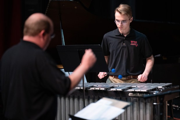 A member of the Washington Township High School performs on the xylophone during the Valparaiso University Jazz Festival on Wednesday, April 17, 2024. (Kyle Telechan/for the Post-Tribune)