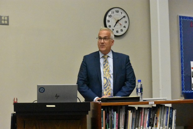 Barrington Village Manager Scott Anderson addressed the crowd of would-be voters during a forum Sept. 28, 2022 aimed at garnering support for a home rule referendum that will be on the Nov. 8 election ballot. The forum, held at Barrington Middle School- Station Campus in Barrington, was one in a series of meetings.