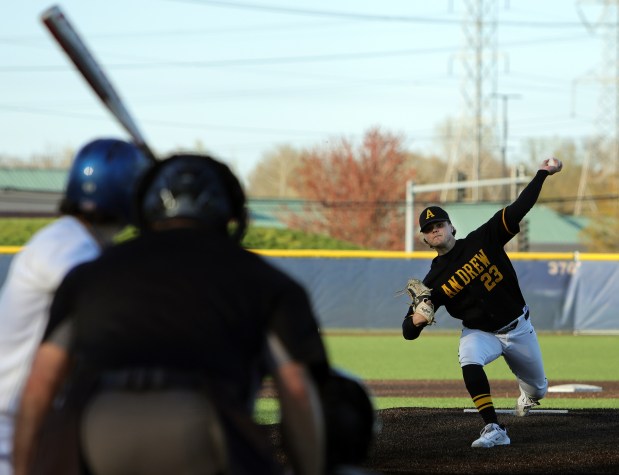 Andrew's pitcher Jackson Ugo during the baseball game against Sandburg in Orland Park, Monday, April 15, 2024. (James C. Svehla/for the Daily Southtown)