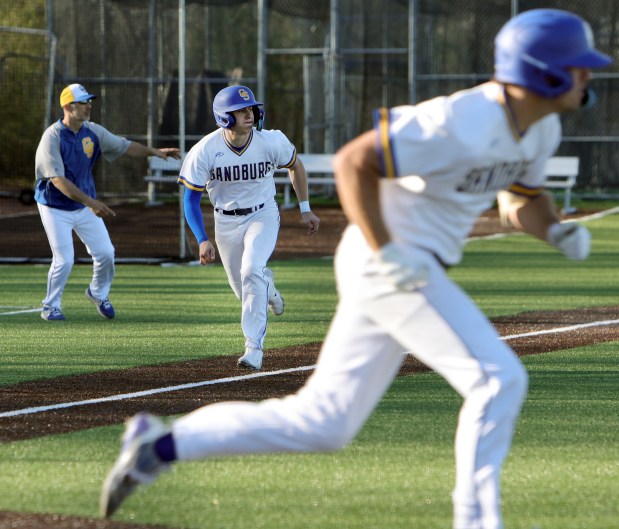 Sandburg's Dominic Palumbo races home during the baseball game against Andrew in Orland Park, Monday, April 15, 2024. (James C. Svehla/for the Daily Southtown)