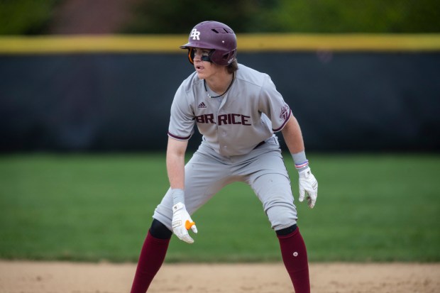 Brother Rice's Gavin Triezenberg (16) takes a lead from first base against Lincoln-Way East during a nonconference game in Frankfort on Wednesday, April 10, 2024. (Vincent D. Johnson/for the Daily Southtown)