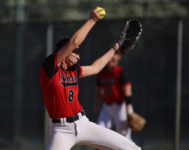 Marist pitcher Gianna Hillegonds (8) throws during a game at Joliet Catholic Academy in Joliet on Monday, April 15, 2024. (Trent Sprague/for Chicago Tribune)