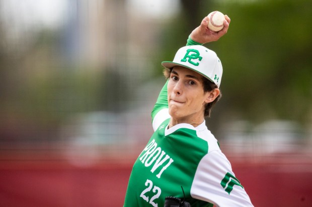 Providence's Kasten Goebbert releases a pitch against Brother Rice during a Catholic League Blue game in Chicago on Saturday, April 27, 2024. (Vincent D. Johnson/for the Daily Southtown)