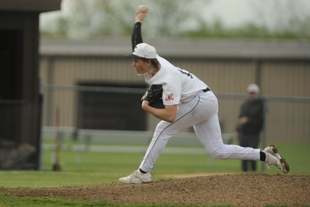 Lincoln-Way Central's pitcher Luke Mensik (18) delivers a pitch against Stagg during a Southwest Suburban Conference game Monday, April 29, 2024 in New Lenox, IL. (Steve Johnston/Daily Southtown)