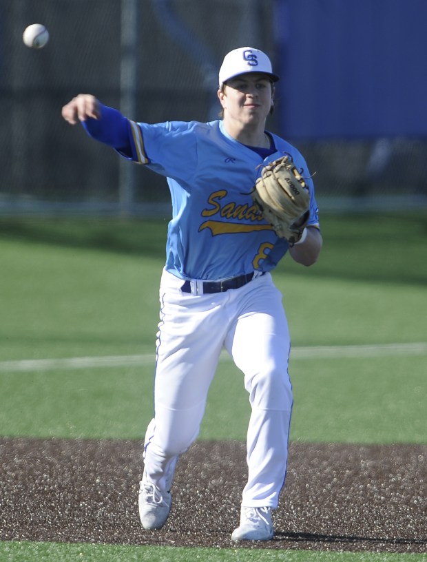 Sandburg's third baseman Dominic Palumbo (8) makes the throw to first for the out against Thornwood during a nonconference game Friday, April 5, 2024 in Orland Park, IL. (Steve Johnston/Daily Southtown)