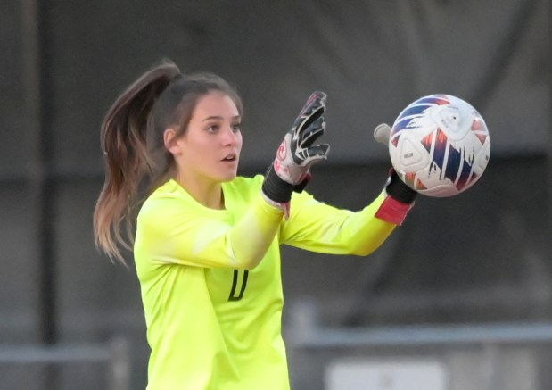 Lincoln-Way Central's Flynn Meyer stops a shot on goal. Andrew defeated Lincoln-Way Central in girls soccer, Friday, April 19, 2024, in New Lenox, Illinois. (Jon Langham/for the Daily Southtown)