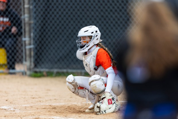 Lincoln-Way West's Reese Forsythe behind the plate during a South West Suburban Conference game against Lincoln-Way East in Frankfort on Thursday, April 18, 2024. (Vincent D. Johnson/for the Daily Southtown)