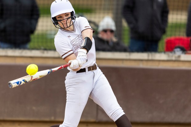 Shepard's Kailey Selvage (3) connects on a pitch during a game against Oak Forest in Palos Heights on Thursday, April 11, 2024. (Vincent D. Johnson/for the Daily Southtown)