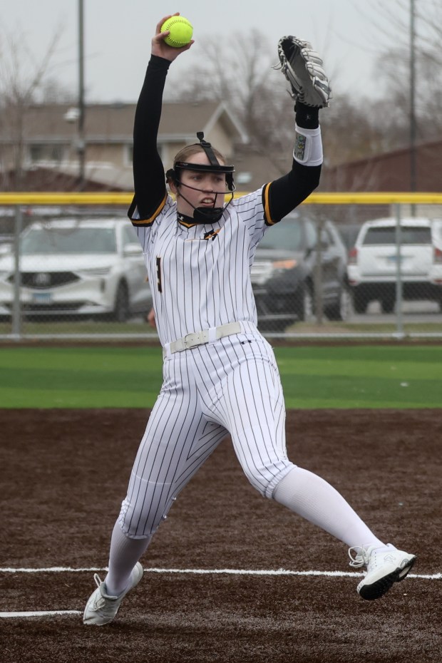 Andrew's Clare Hester (9) throws a pitch during a game against Providence in Tinley Park on Monday, March 25, 2024. (Troy Stolt/for the Daily Southtown)