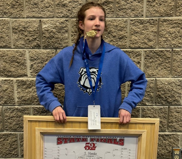 Jade Hardee, an eighth grader, recently became the first person from Tinley Park to win an Illinois Kids Wrestling Federation girls state championship. (Travis Hardee)