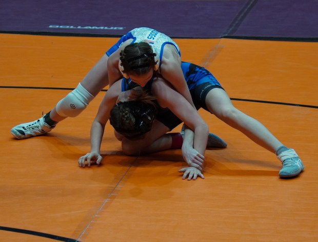 Jade Hardee, of Tinley Park, wrestles an opponent during the Illinois Kids Wrestling Federation girls state championship in March at the BMO Center in Rockford. (Travis Hardee)