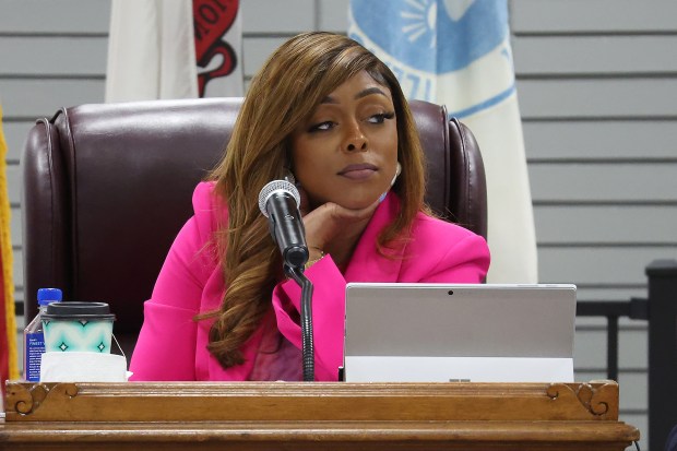 Dolton Mayor Tiffany Henyard presides over a Village Board meeting March 4, 2024. (Terrence Antonio James/Chicago Tribune)