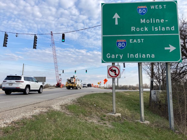 Crews were setting up cones Friday at the Briggs Street interchange in preparation for Interstate 80 construction beginning April 1, 2024. (Alexandra Kukulka/Daily Southtown)