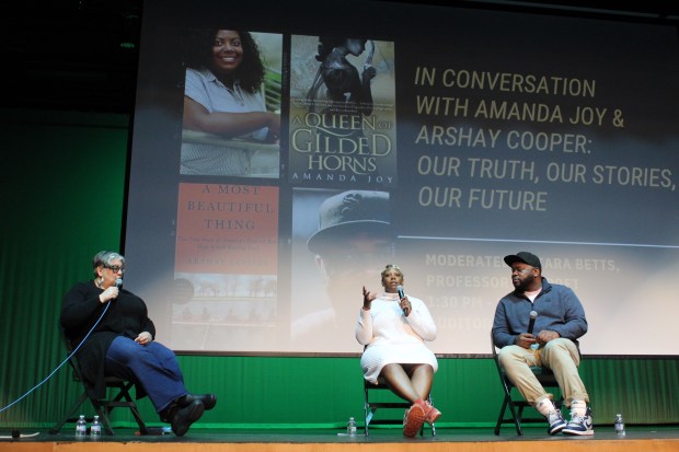 Poet Tara Betts, from left, moderates a discussion with Amanda Joy and Arshay Cooper, who were the keynote authors at the Ever-Read YA Literary Festival last month at Evergreen Park Community High School. (Tim Moran)