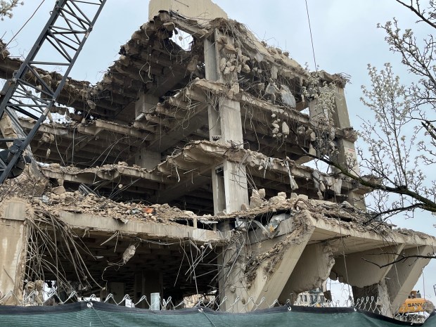 Demolition continues April 1, 2024, at the former Will County Courthouse in downtown Joliet. (Michelle Mullins/for Daily Southtown)