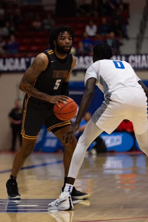 Amar Augillard (5), a red shirt sophomore guard on the Triton College Trojans men's basketball team, was named to the All-Tournament Team in the NJCAA Division I Championship Tournament played March 30, 2024 in Hutchinson, Kansas v. Barton County Community College, located in Kansas. (Courtesy NJCAA)