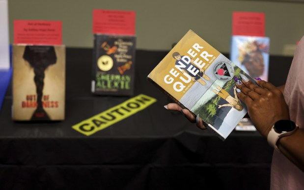 "Gender Queer: A Memoir," by Maia Kobabe, is one of the banned and challenged books on display during Banned Books Week 2022 at the Lincoln Belmont branch of the Chicago Public Library on Sept. 22.