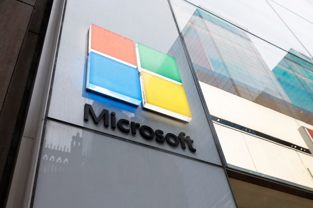 The Microsoft logo is seen at an Experience Center on Fifth Avenue on April 3, 2024 in New York City. (Michael M. Santiago/Getty)