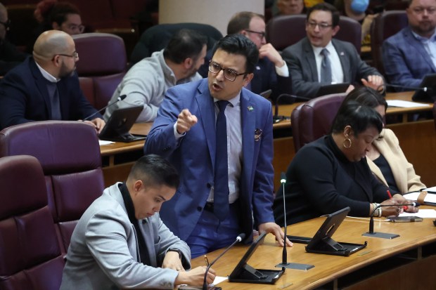 Ald. Byron Sigcho-Lopez, 25th, speaks in his own defense at City Hall in Chicago on Monday, April 1, 2024, during a special meeting of the City Council called to determine if Sigcho-Lopez should be removed from his position as chairman of the Committee on Housing and Real Estate after he spoke at a rally where someone else had earlier burned an American flag. (Terrence Antonio James/Chicago Tribune)