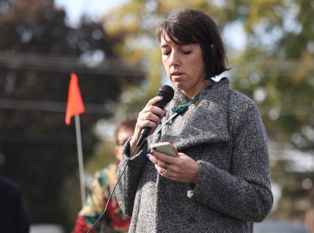 State Rep. Lindsey LaPointe, 19th, speaks at an event on Nov. 4, 2023. LaPointe is a former social worker who represents a chunk of Chicago's Northwest Side and chairs the House's Mental Health and Addiction Committee. (Trent Sprague/Chicago Tribune)