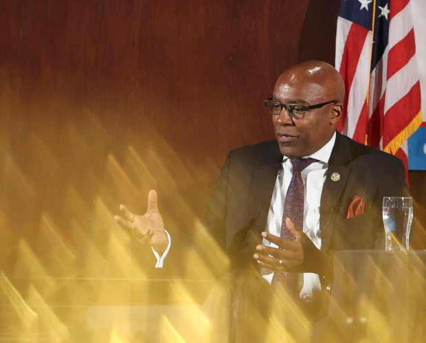 Attorney General Kwame Raoul speaks at City Club of Chicago in River North on Sept. 13, 2023. (Trent Sprague/Chicago Tribune)