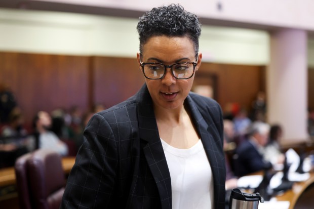 Ald. Maria Hadden, 49th, during a Chicago City Council meeting on Jan. 24, 2024. Hadden, chair of Environment Committee, is sponsoring an ordinance that sets emission standards strict enough to all but rule out natural gas use in most new buildings. (Eileen T. Meslar/Chicago Tribune)