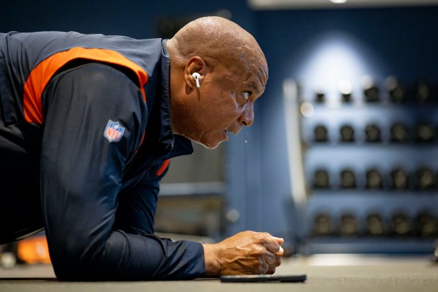 Bears President Kevin Warren sweats through a workout in the gym early in the morning on Thursday, June 29, 2023, at Halas Hall. (Brian Cassella/Chicago Tribune)