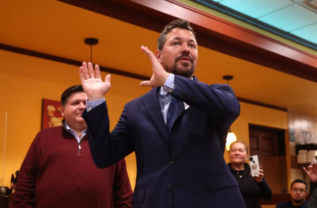 Cook County Commissioner Kevin Morrison speaks at a democratic campaign stop at the Sugar Bowl restaurant on Oct. 31, 2022, in Des Plaines. (Stacey Wescott/Chicago Tribune)