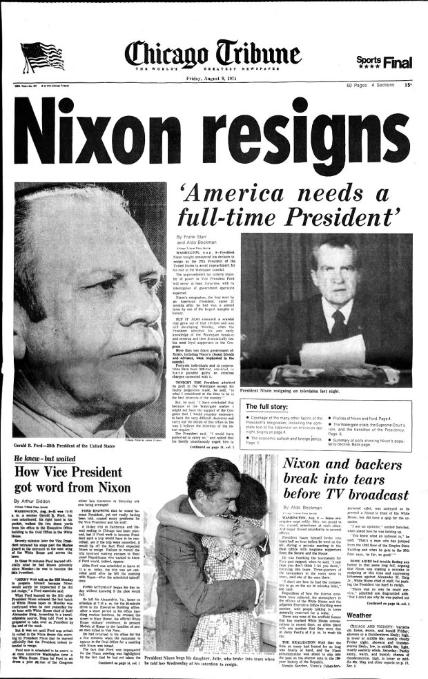 Chicago and the Midwest had been strongholds of Nixon support that faded away in 1974 after Nixon was linked to the Watergate scandal. The Tribune was the only newspaper in the country to print the entire transcript and then called for Nixon's resignation. (Chicago Tribune)