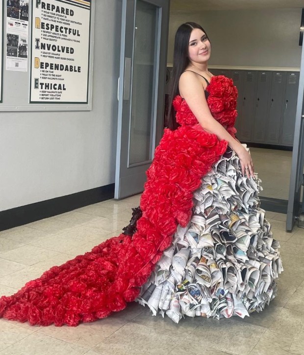 Waukegan High School students made this dress from recyclable materials as part of a class project. (Photo courtesy of Waukegan Community Unit School District 60)