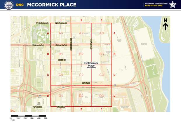 This map provided by the city of Chicago represents the area that could be impacted around the​ McCormick Place and not the final security perimeters.