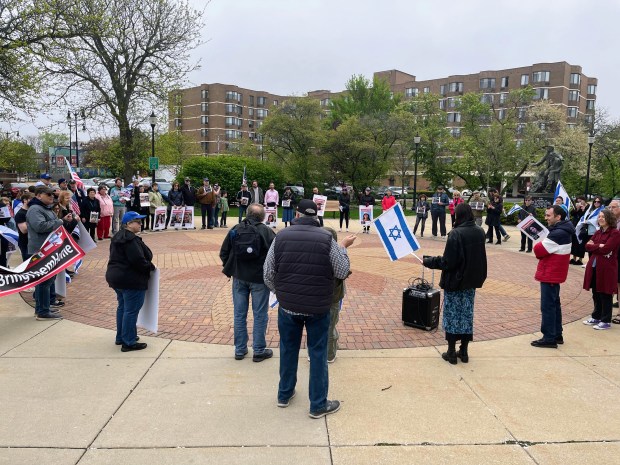 About 60 people gathered for a Run for their Lives event at Skokie's Village Green Park on April 28. The group's focus was to demand for Hamas to release its hostages kidnapped on Oct. 7, 2023, per the group's organizers. Credit: Richard Requena