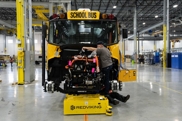 A LionC electric school bus in the process of being assembled in the Lion Electric plant in Channahon on June 5, 2023.