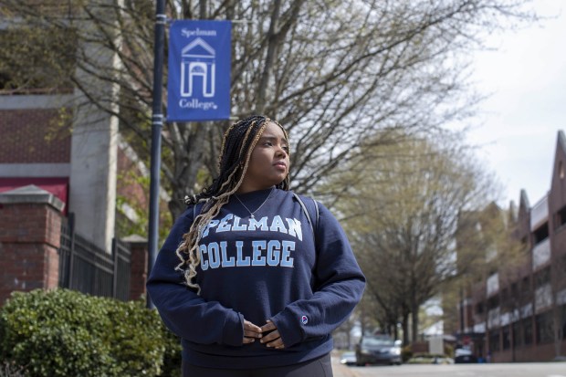 Spelman College Junior student Amara Harris outside of Spelman College in Atlanta on March 21, 2023. (Alyssa Pointer/for ProPublica)