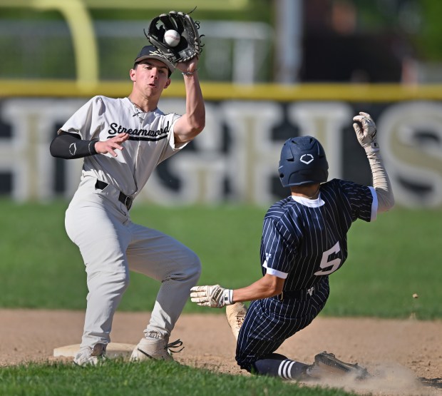 The throw from the plate came too late for Streamwood's Chris Cole (7) to catch Bartlett's Austin Daubenmire (5) at 2nd base during the 3rd inning of Wednesday's game, May 8, 2024. Bartlett won the game, 7-0. (Brian O'Mahoney for the The Courier-News)