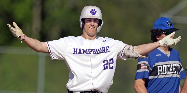 Hampshire's Anthony Karbowski (22) reacts to his run scoring double in the first inning against Burlington Central during a Fox Valley Conference game on Friday, May 3, 2024 in Hampshire. Hampshire won, 7-3.H. Rick Bamman / For the Beacon-News