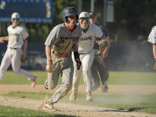 South Elgin's infielder Justin Pold (18) gets caught in a run down against Bartlett during the Class 4A Geneva Regional semifinals in Geneva on Wednesday, May 22, 2024. (Mark Black / for the Beacon-News)