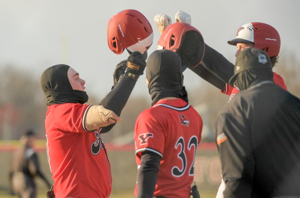 Yorkville's Kameron Yearsley (17) celebrates his second two run home run against Geneva at home in Yorkville on Thursday, March 21, 2024. (Mark Black / for the Beacon-News)