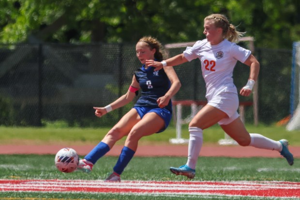 Burlington Central's Eva Samuelian (8) makes a pass during the Class 2A state semifinal game against Crystal Lake Central in Naperville on Friday, May 31, 2024. (Troy Stolt/for the Aurora Beacon News)