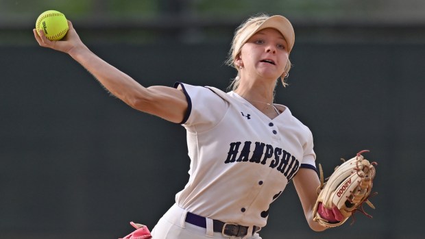 Hampshire's Bria Riebel (1) throws to 1st base for an out during the 5th inning of Thursday's game against Geneva, May 16, 2024. Hampshire won the game, 12-2, after 5 innings. (Brian O'Mahoney for the The Courier-News)