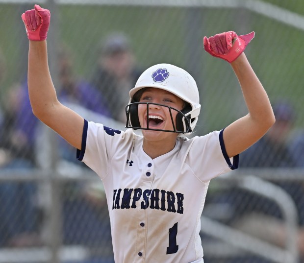 Hampshire's Bria Riebel (1) hit a grand slam during the 3rd inning of Thursday's game against Geneva, May 16, 2024. Hampshire won the game, 12-2, after 5 innings. (Brian O'Mahoney for the The Courier-News)