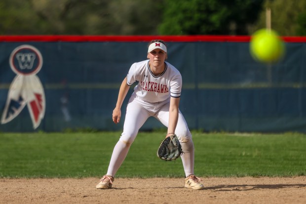 West Aurora's Sara Tarr (3) prepares to field the ball during a game against West Joliet in Aurora on Wednesday, May 1, 2024. (Troy Stolt/for the Daily Southtown)
