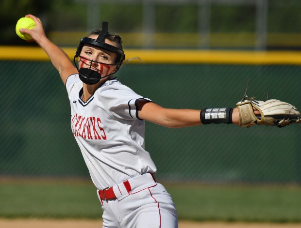 West Aurora pitcher KateIyn Serafin delivers to a Metea Valley batter during a Class 4A Metea Valley Regional semifinal game on Wednesday, May 22, 2024, in Aurora.(Jon Cunningham/for The Beacon-News)