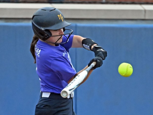 Metea Valley's Reese Valha gets a hit. Waubonsie Valley defeated Metea Valley, 9-3 in softball, Thursday, May 2, 2024, in Aurora, Illinois. (Jon Langham/for the Beacon-News)