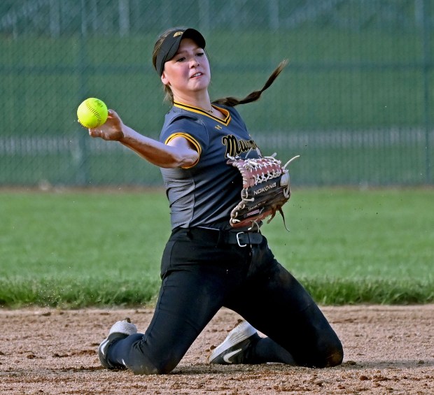 Metea Valley's Gen Gonzales throws from her knees to first base.Metea Valley defeated Naperville Central, 6-4 in softball, Friday, May 10, 2024, in Aurora, Illinois. (Jon Langham/for the Beacon-News)