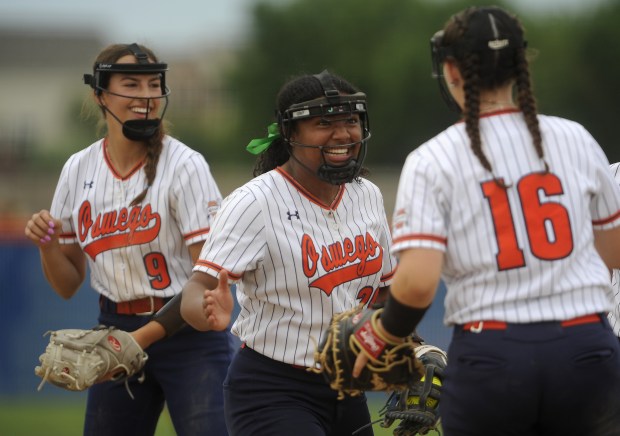 Oswego's pitcher Jaelynn Anthony (20) is all smiles after an out against Yorkville during the Class 4A Oswego Regional final Friday, May 24, 2024 in Oswego, IL. (Steve Johnston/The Beacon-News)