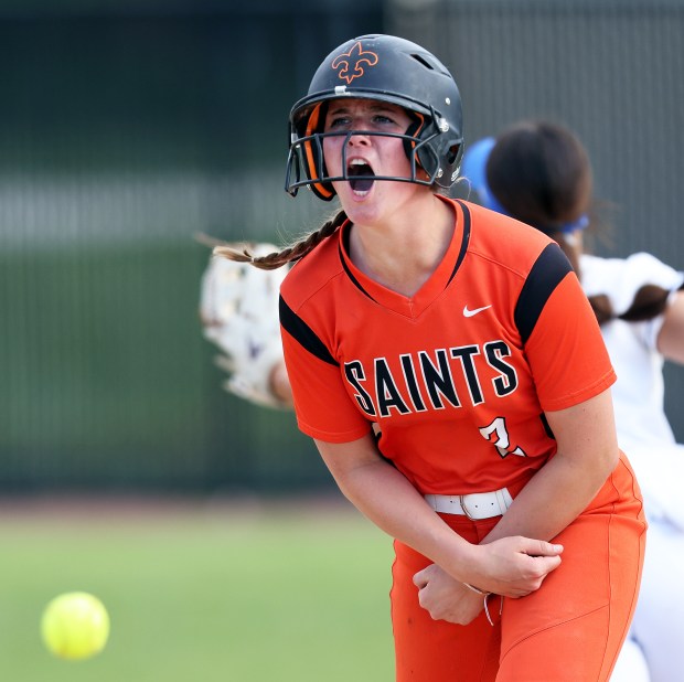 St. Charles East's Addison Wolf reacts to her double during a DuKane Conference game against St. Charles North on Monday, April 15, 2024 in St. Charles. St. Charles East won, 5-1.H. Rick Bamman / For the Beacon-News