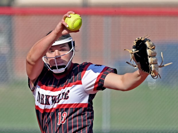 Yorkville's Ellie Fox delivers a pitch to home. Yorkville defeated West Aurora, 10-0 in softball, Monday, May 6, 2024, in Yorkville, Illinois. (Jon Langham/for the Beacon-News)