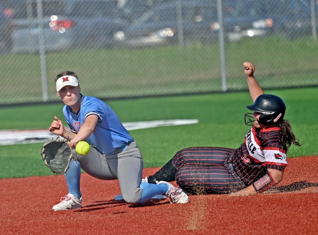 Yorkville's Kayla Kersting steals second base as West Aurora's Sara Tarr waits for the throw from home. Yorkville defeated West Aurora, 10-0 in softball, Monday, May 6, 2024, in Yorkville, Illinois. (Jon Langham/for the Beacon-News)